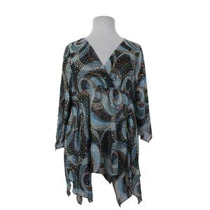 Dress Barn Top $45 Sz 2X Brown Blue Multi Color Asymmetrical Sheer Poly Top